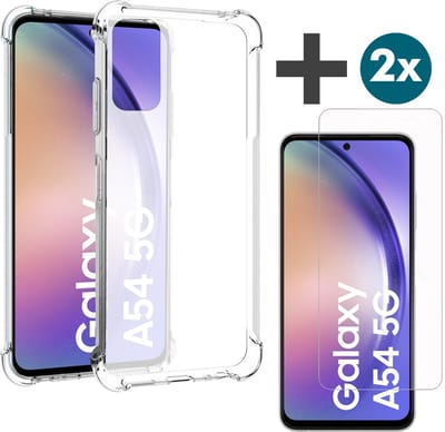 Samsung Galaxy A54 transparant siliconen hoesje - backcover met verstevigde hoeken - Inclusief 2 Stuks Screenprotector - tempered glass