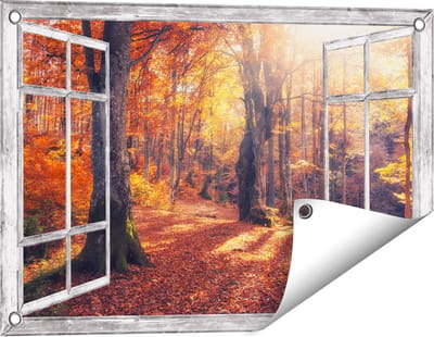 Gards Tuinposter Doorkijk Oranje Herfstbos met Zonneschijn - 60x40 cm - Tuindoek - Tuindecoratie - Wanddecoratie buiten - Tuinschilderij