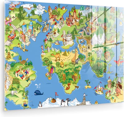 MuchoWow® Glasschilderij 160x120 cm - Schilderij acrylglas - Wereldkaart - Kinderen - Natuur - Dieren - Blauw - Groen - Foto op glas - Muurdecoratie woonkamer - Wanddecoratie slaapkamer - Schilderijen