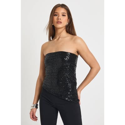 boohoo Dames Pailletten bandeau asymmetrische zoomtop | Zwart | Maat: 38