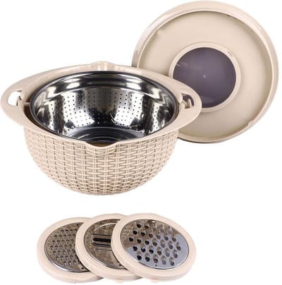Dailygoods- Vergiet 31cm Dubbellaags - Roestvrij Stalen Zeef - Antislip Mengkom - Deksel - Snijgereedschap - Multifunctioneel Keukenapparaat - Zeefkom