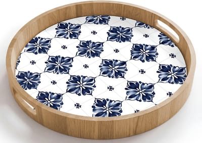Dienblad rond 40x40 cm - Schootdienblad hout - Tegelmotief - Blauw - Wit - Bloem - Borrelplank rechthoek - Plateau houten dienbladen