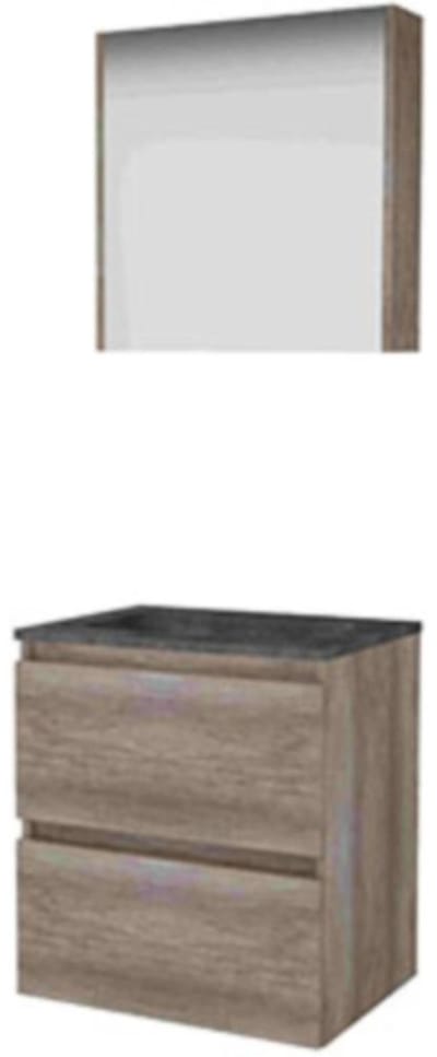 Basic-Line Comfort 46 Badkamermeubelset - 60 x 46 cm - Greeploos - 2 Lades - Hardstenen Wastafel - 1 Kraangat - Spiegelkast - Scotch Oak