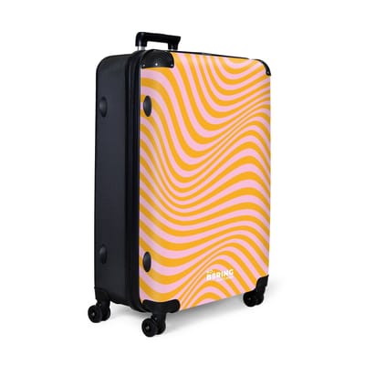NoBoringSuitcases.com® - Koffer groot - Reiskoffer lichtgewicht - Roze met oranje golvende lijnen - Rolkoffer met 4 wielen - Grote trolley XL - 98 liter bagage