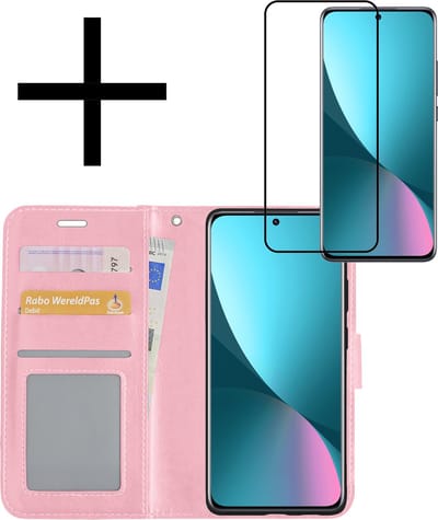 Hoesje - Met Screenprotector - Geschikt voor Xiaomi 12X - Luxe Pasjeshouder - Bookcase Portemonee - Flip Case - Kunstleer Book Case - Flipcase - Book Cover - Walletcase - Portemonneehoes - Lichtroze