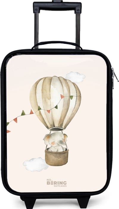 NoBoringSuitcases.com® - Kinderkoffer jongen - Kindertrolley meisje - Olifant in een luchtballon - Koffer kind lichtgewicht - Reiskoffer trolley voor kinderen - Koffertje met lichtgevende wieltjes - Rolkoffer zwart