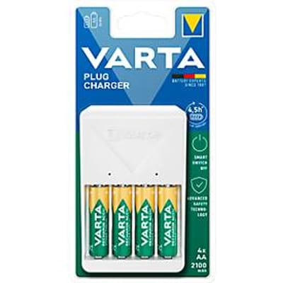Batterijlader voor batterijen Varta, voor 2x of 4x AA/AAA, incl. 4 AA-batterijen, laadtijd 4,5 h, EU-stekker, 100-240 V, B 74 x D 66 x H 116 mm, wit