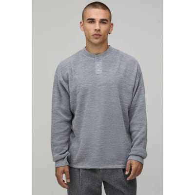 Essential Relaxed Fit Henley Waffle Knitted T-Shirt | Grey | Size XS