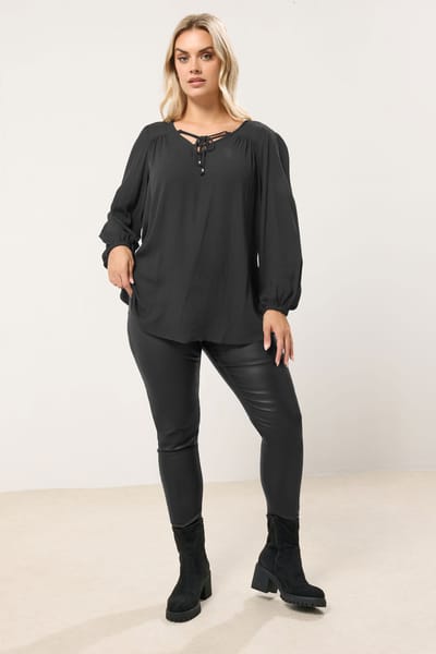 Yours Zwarte Blouse Met Lattice En Striksluiting Aan De Voorkant Size 42