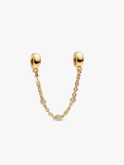 Fler® | Bedel | Past op populaire bedelarmbanden (standaard - 3mm) | Goudkleurige Veiligheidsketting | Hangbedel Charm | 925 sterling zilver | Transparante zirkonia | Valentijnsdag Cadeau | Sinterklaas kado | Kerstcadeau | Verjaardagsgeschenk