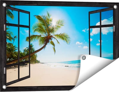 Gards Tuinposter Doorkijk Tropisch Strand en Zee in Sri Lanka - 60x40 cm - Tuindoek - Tuindecoratie - Wanddecoratie buiten - Tuinschilderij