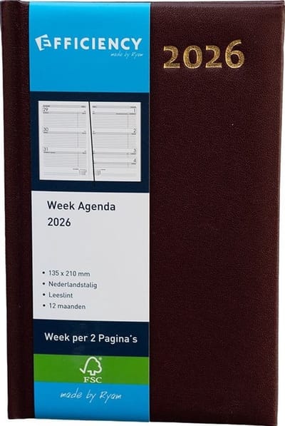Ryam - Agenda 2026 - Efficiency Kort - Bordeaux - Weekoverzicht - Hardcover - A5 (135x210mm)