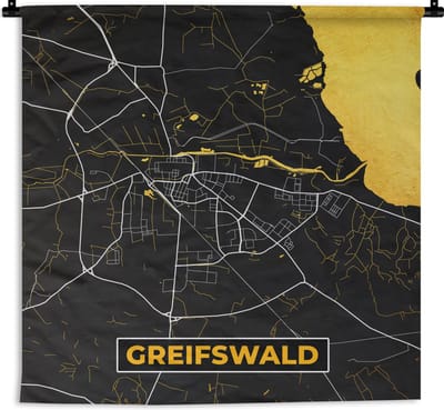 Wandkleed - Wanddoek - Duitsland – Black and Gold – Greifswald – Stadskaart – Kaart – Plattegrond - 180x180 cm - Wandtapijt