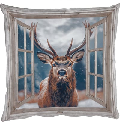 Sierkussens - Kussentjes Woonkamer - 50x50 cm - Hert - Dieren - Landschap - Winter - Sneeuw - Doorkijk - Natuur