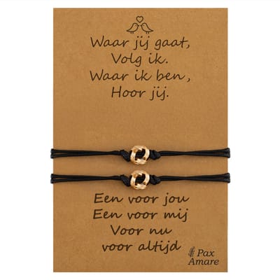 Vriendschapsarmbandjes voor 2 "Waar jij gaat, volg ik" - Knoopjes - BFF Armbandjes met Persoonlijk Cadeau Kaartje - Goudkleurig - Elastisch Verstelbaar - Pax Amare
