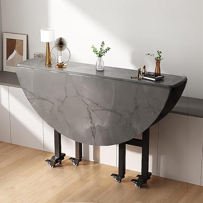 Ronde Eettafel - Druppelblad Tafel - Keuken Kantoor - Inklapbaar Verlengontwerp - 75cm Hoog 100cm Diameter - Grijs Marmer