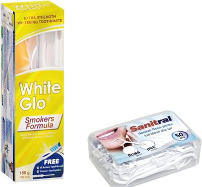 White Glo Smokers Formula Whitening Tandpasta 150g en tandenborstel (inclusief Sanitral 50 Floss Sticks als cadeau inbegrepen)