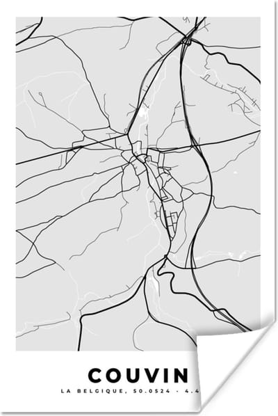 Poster Stadskaart – Zwart Wit - Kaart – Couvin – België – Plattegrond - 120x180 cm XXL