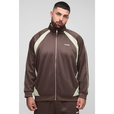 Plus Men's Regular Fit Tricot Kleurblok Funnel Neck Tracktop | Brown | Size 2XL