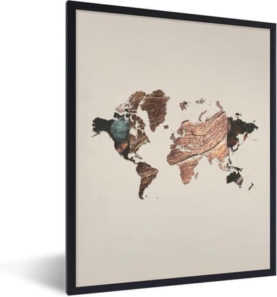 Poster in lijst - Fotolijst 60x80 cm - Posters - Wereldkaart - Hout - Bruin - Posterlijst zwart - Decoratie - Wanddecoratie woonkamer - Muurdecoratie slaapkamer