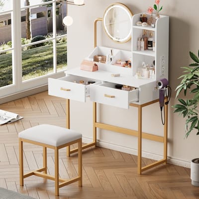 MODENUIT Kaptafel - Spiegel Met Led En Stopcontacten - Met Kruk Voor Slaapkamer - Wit En Goud - 80x40x138,5 Cm