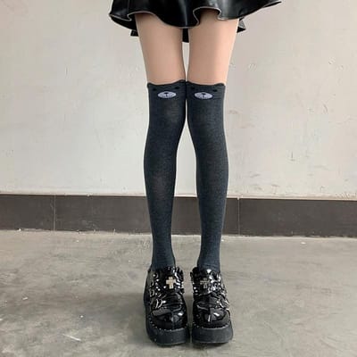 Kawaii Cartoon Kat Panda Dijhoge Sokken Over de Knie Elastische Kousen Dames Meisjes Herfst Winter Effen Kleur Warme Panty's Schattig One Size black
