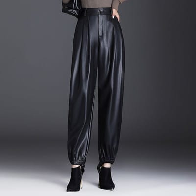 Pantalon en cuir, pantalon sarouel taille élastique pour femme, pantalon décontracté d'hiver, pantalon radis taille haute en velours fin L noir