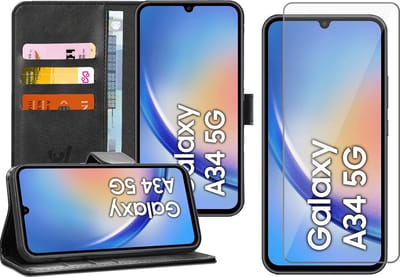 Hoesje geschikt voor Samsung Galaxy A34 - Screen Protector GlassGuard - Book Case Kunstleer Pasjeshouder Zwart & Screenprotector