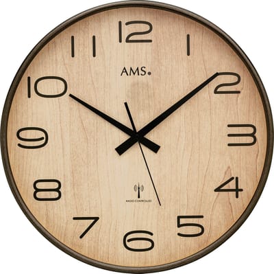 AMS F5523 - Wandklok - Analoog - Hout - Radiogestuurde tijdsaanduiding - Mineraal Glas - Antraciet gelakt - Zwart - Beige - 40 cm ø