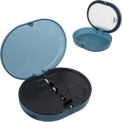 Dubbele Laag Opbergdoos met Spiegel, Draagbare Opbergcase voor Aligners, Inclusief Verwijder Tool, Borstel en Mondbeschermer met Magnetische Sluiting - Blauw