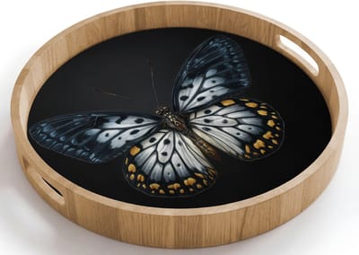 Dienblad rond 40x40 cm - Schootdienblad hout - Vlinder - Monochroom - Balans - Borrelplank rechthoek - Plateau houten dienbladen