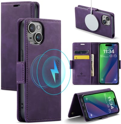 Casemania Hoesje Geschikt voor Apple iPhone 15 Dark Purple - Portemonnee Book Case - Geschikt voor MagSafe