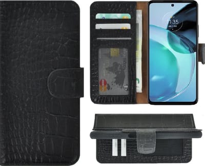 Geschikt voor Moto G54 Hoesje - Bookcase - Moto G54 Hoesje Book Case Wallet Echt Leer Croco Zwart Cover