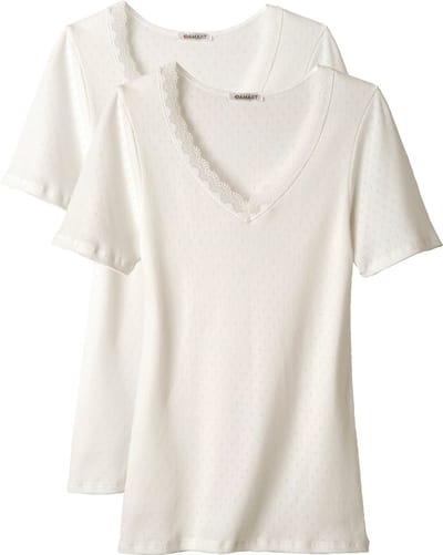 Damart - Set van 2 Essential t-shirts in een jacquard gebreide stof en kant van zuiver gekamd katoen - Dames - Wit - XS