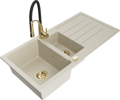 Mexen Andres granieten gootsteen 1,5-kamerig met afdruiprek en keukenmengkraan Aster, beige - 6515-69-73450-57-G
