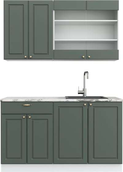 Vicco Fame-Line Eenpersoonskeuken – 140 cm, WB Marmer Groen-Goud Landhuis/Wit