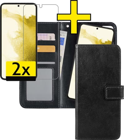 Hoesje - 2 in 1 - Geschikt voor Samsung Galaxy S22 - Met 2x Screenprotector - En Uitneembare Hard Cover - Bookcase - Wallet Case - Met Pasjeshouder - Book Case - Uitneembaar - Pashouder - Kunstleer - Telefoonhoesjes - Zwart