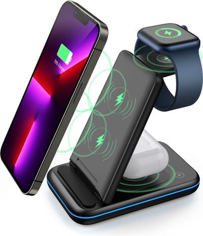 3-in-1 draadloos oplaadstation, opvouwbaar,draadloze oplader met USB-C cabel voor iPhone 14/13/12/11 Pro Max/X/Xs Max/8/8 Plus, iWatch 7/6/5/SE/4/3/2, AirPods 3/2/Pro en Samsung en Qi-compatibele mobiele telefoon-Zwart
