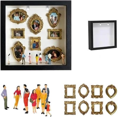 Set van 1 stuk - Mini fotolijstje - Fotolijst - Vitrine - Mini vitrine in museumsilhouet - Inclusief gepersonaliseerde mini-beeldjes en een gouden lijst - DIY - Creatief wooncadeau - 25,5*25,5*3,7 cm - Zwart