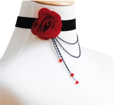 Plux Fashion Steen Rode Roos Choker - Zwart - 3cm/34cm + 7cm hangstuk - Sieraden - Stras Stenen - Fancy Choker - Choker - Stoffen Choker - HipHop Choker - Sieraden Cadeau - Duurzame Kwaliteit - Halloween - Oktoberfeest - Kerst - Halloween kostuum