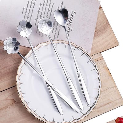 4-delige Bloem Lepel Set Ruimtebesparende Theelepel Koffielepel Schattige IJs Dessert Lepel Zilver Goud Staal Tafelgerei Accessoires