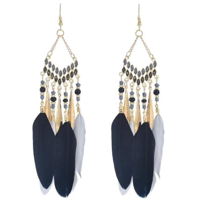 Fako Bijoux® - Oorbellen - Bohemian - Veren - Retro - Zwart/Grijs