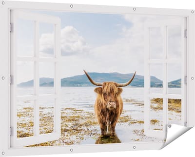 Gards Tuinposter Doorkijk Voetpad naar Strand en Zee - 150x100 cm - Tuindoek - Tuindecoratie - Wanddecoratie buiten - Tuinschilderij