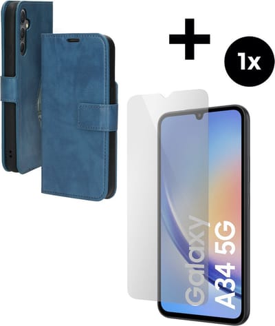 Mobiparts Classic Wallet hoesje geschikt voor Samsung Galaxy A34 (2023) 5G met 1 Screenprotector van Gehard Glas - Blauw