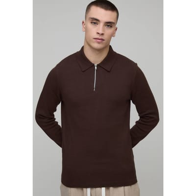 Muscle Fit Zacht Aanvoelende Lange Mouw 1/4 Rits Gebreide Polo | Chocolate | Size XS
