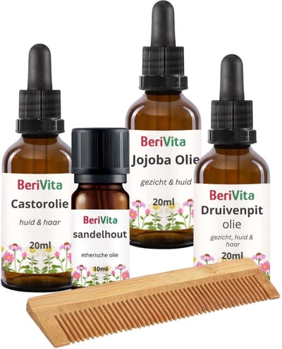 Baard & Snor Verzorgingspakket - 100% Natuurlijke Set - Castorolie 20ml, Jojoba Olie 20ml, Druivenpitolie 20ml, Sandelhoutolie 10ml, Bamboe Kam