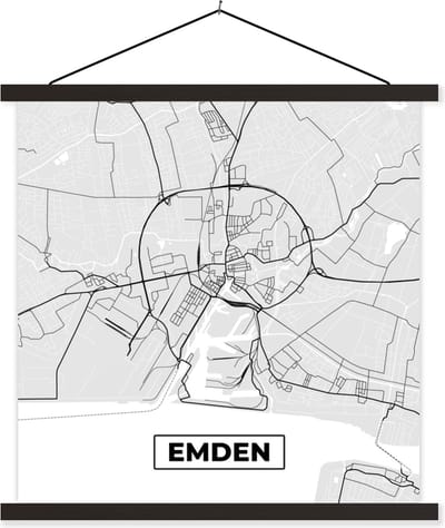 Posterhanger incl. Poster 60x60 cm - Schoolplaat - Kaart - Plattegrond - Duitsland - Emden - Stadskaart - Textielposter - Zwarte latten - Stadskaart
