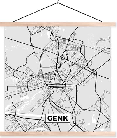Posterhanger incl. Poster 40x40 cm - Schoolplaat - België – Genk – Stadskaart – Kaart – Zwart Wit – Plattegrond - Textielposter - Blanke latten - Stadskaart