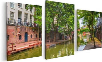 Artaza Canvas Schilderij Drieluik Oudegracht In Utrecht - 120x60 - Foto Op Canvas - Canvas Print