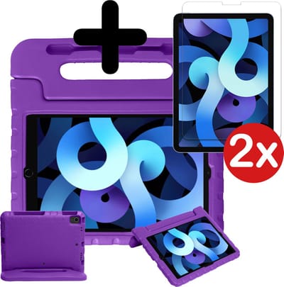 Hoesje - Geschikt voor Apple iPad Air 5 (2022) - 10.9 inch - 5e Generatie - M1 - Met 2x Screenprotector - Kinderhoes - Shockproof Bumper - Kidsproof Case - Tablethoes - Kinder Hoes Cover - Paars